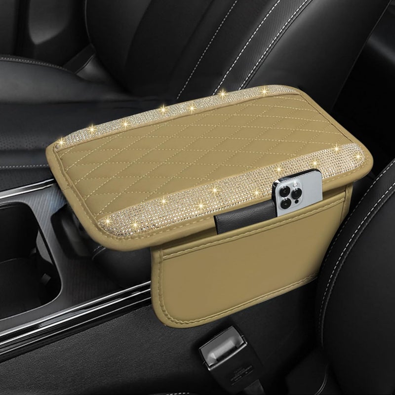 NBTEPEM Bling Beige Car Center Console Cover, Leather Car Arm Rest Cover with 2 Storage Bags, Universal Auto Armrest Protector Storage Box, Bling Accessories Interior for Most Vehicles - Image 1